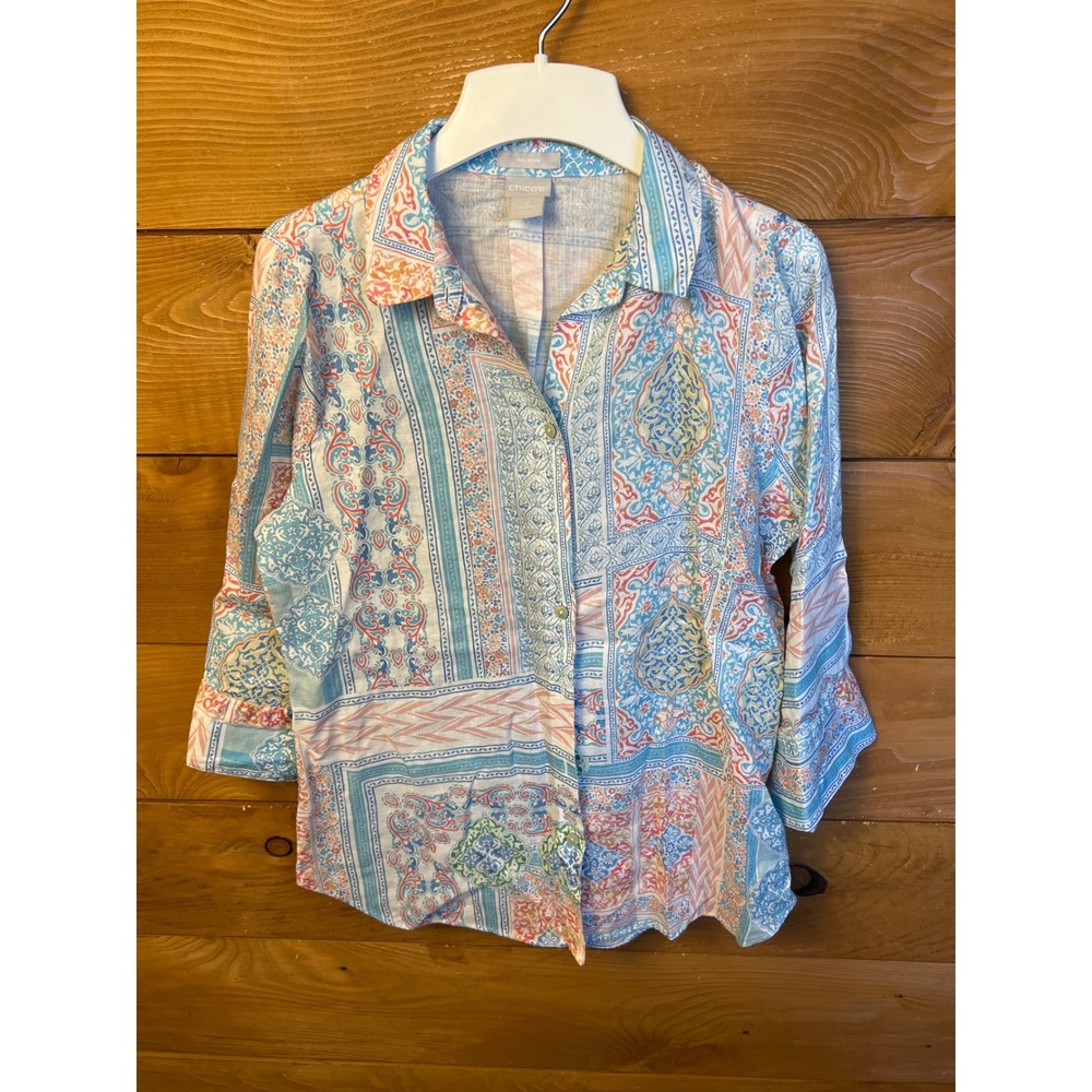Chico's Button Down Women's Size 0 Blue Pink Paisley Print No Iron‎ Blouse Top